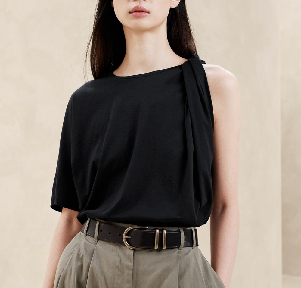 BANANA REPUBLIC Top Womens M Twist Sleeve Round Neck Supima Cotton Black NEW